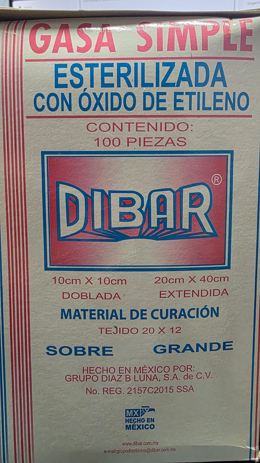 Gasa simple estéril Marca Dibar Sobre grande Caja con 100 pzas
